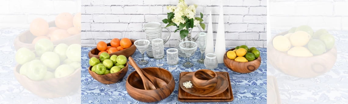 Acacia Wood Bowls and Plates with Hand Blown Mexican Art Glass