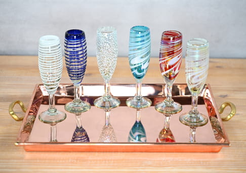 Hand blown recycled champagne flutes