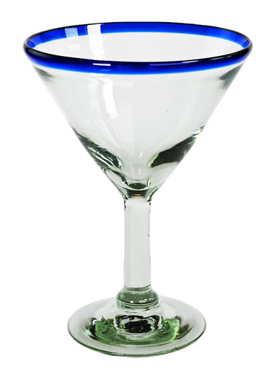 MG008 - 14oz Martini Glass, Cobalt Blue Rim, Set of 4 - Hand Blown Recycled Glass From Mexico
