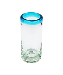 MG027 - 2oz Shot Glass, Aqua Rim, Set of 6 - Hand Blown Recycled Glass From Mexico