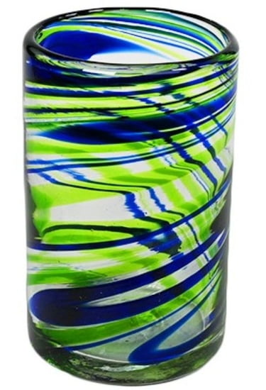 MG033 - 16oz Tumbler, Blue and Green Swirl, Set of 4 - Hand Blown Recycled Glass From Mexico