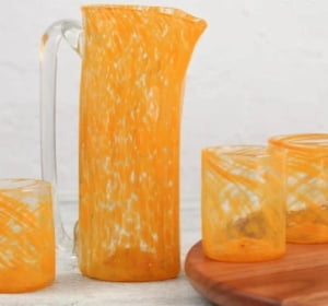 Hand-blown recycled glass pitcher and tumblers, 'Garden Relaxation in Marigold' 